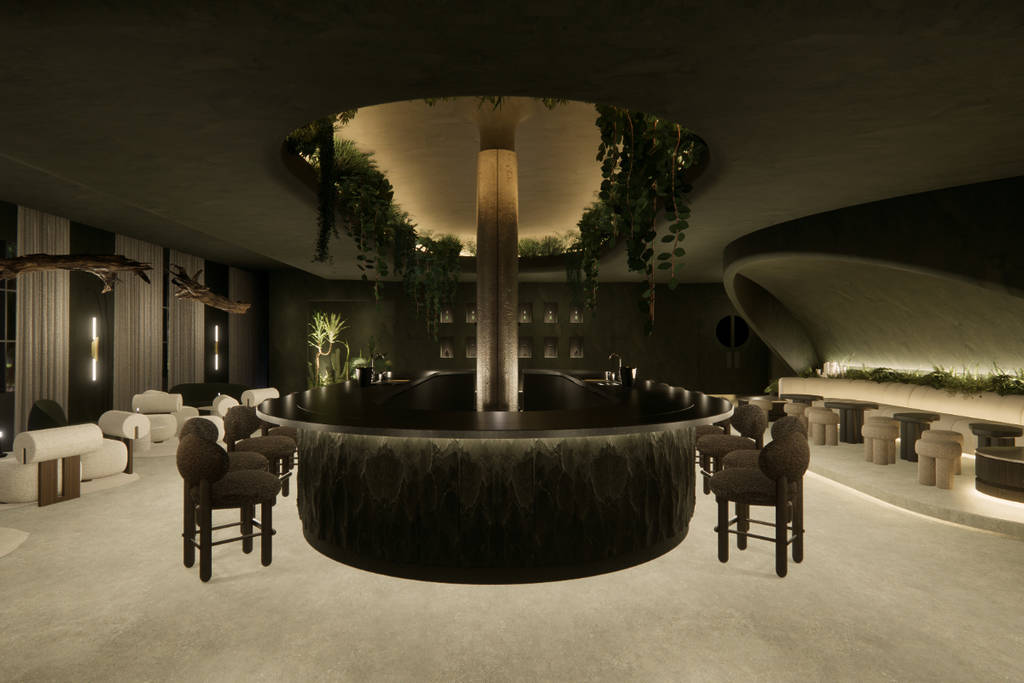 Rendering shows the bar area at the coming 1111 cocktail bar in Houston