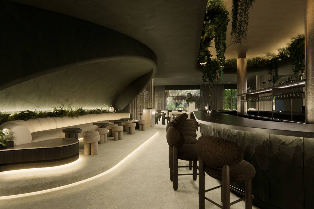 Rendering shows the lounge area of 1111 cocktail bar in Houston