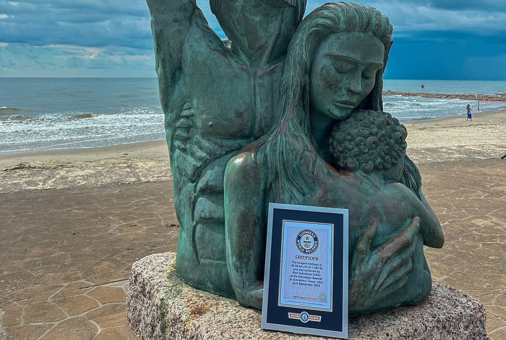 Image shows the Guinness World Record certificate placed on the 1900 commemorative statue of the Great Storm in Galveston