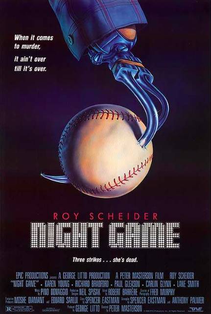 Image shows the poster for the film, "Night Game", featuring a hook going through a baseball.