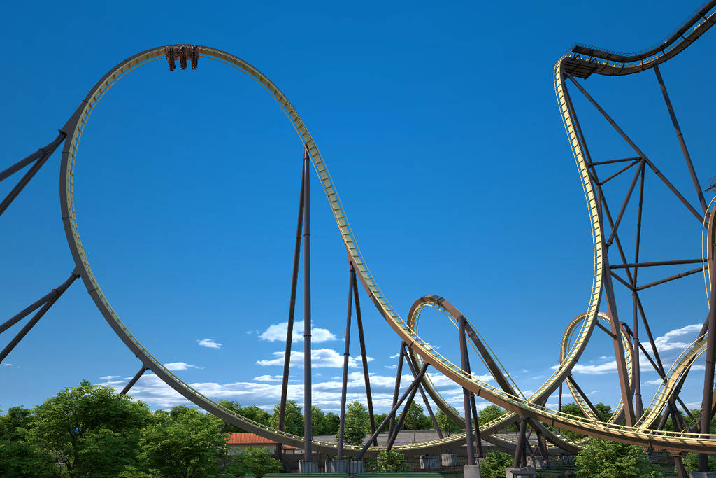 Rendering shows the loop of the Tormenta Rampaging Run coming to Six Flags Over Texas.