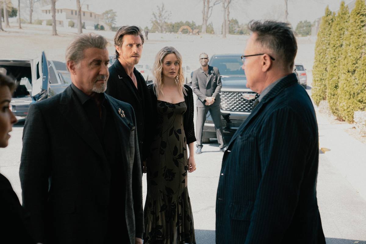 Sylvester Stallone as Dwight Manfredi, Garrett Hedlund as Mitch, Bella Heathcote as Cleo Montague and Robert Patrick as Jeremiah Dunmire in Tulsa King, episode 2, season 3, streaming on Paramount+, 2025.