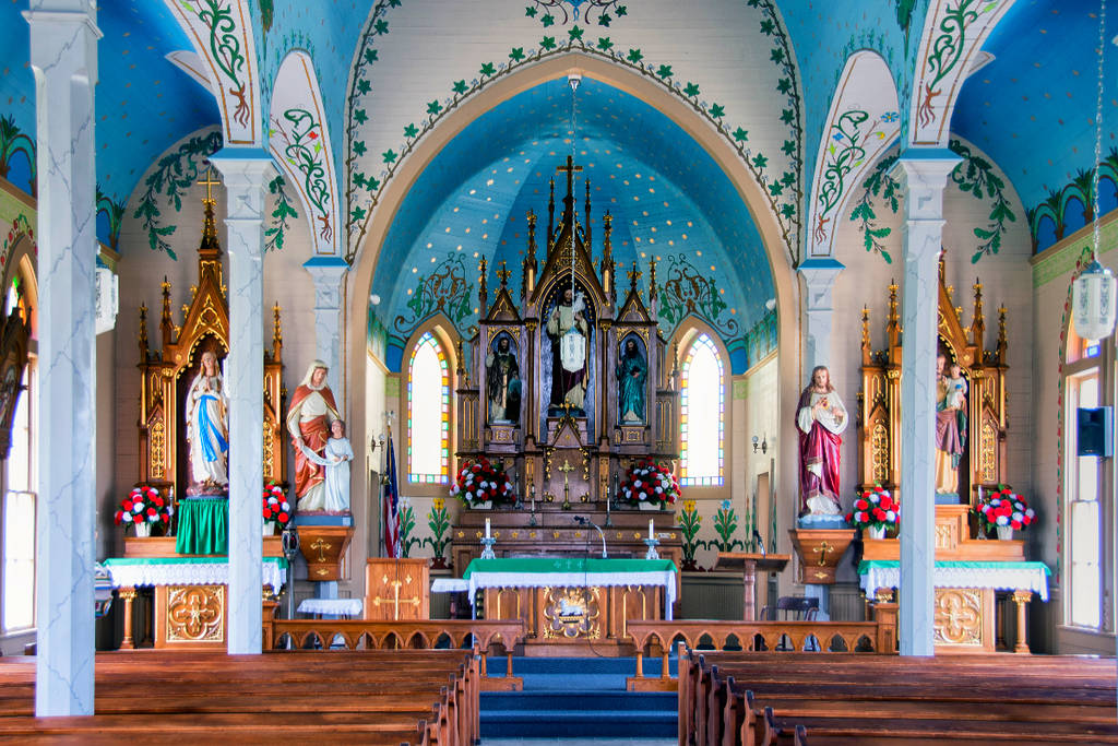 Image shows the ornate altar at the St. Cyril and Methodius German Catholic Church in Dubina, Texas.