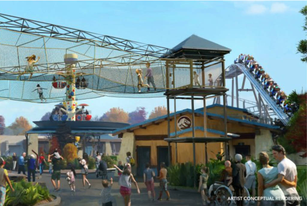 Rendering shows the Jurassic Adventure World concept at Universal Kids Resort in Frisco, Texas.