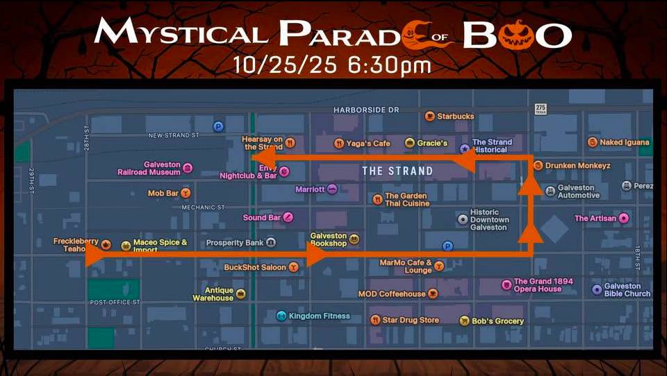Graphic shows the details of the Mystical Parade of Boo in Galveston including the time, date, and route beginning at Market St.