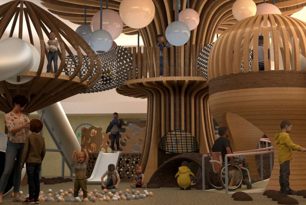 Rendering shows the playscape at the coming Recess bar and bistro in Houston.