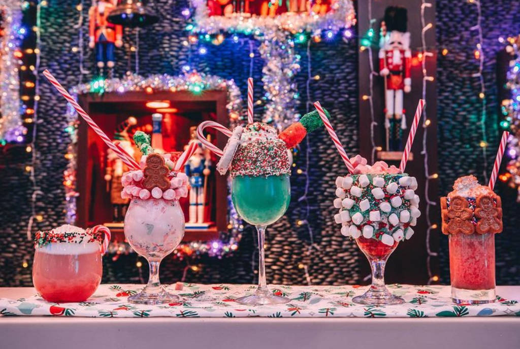 Image shows an array of Christmas-themed cocktails at the Frosty's Christmas Bar in Houston