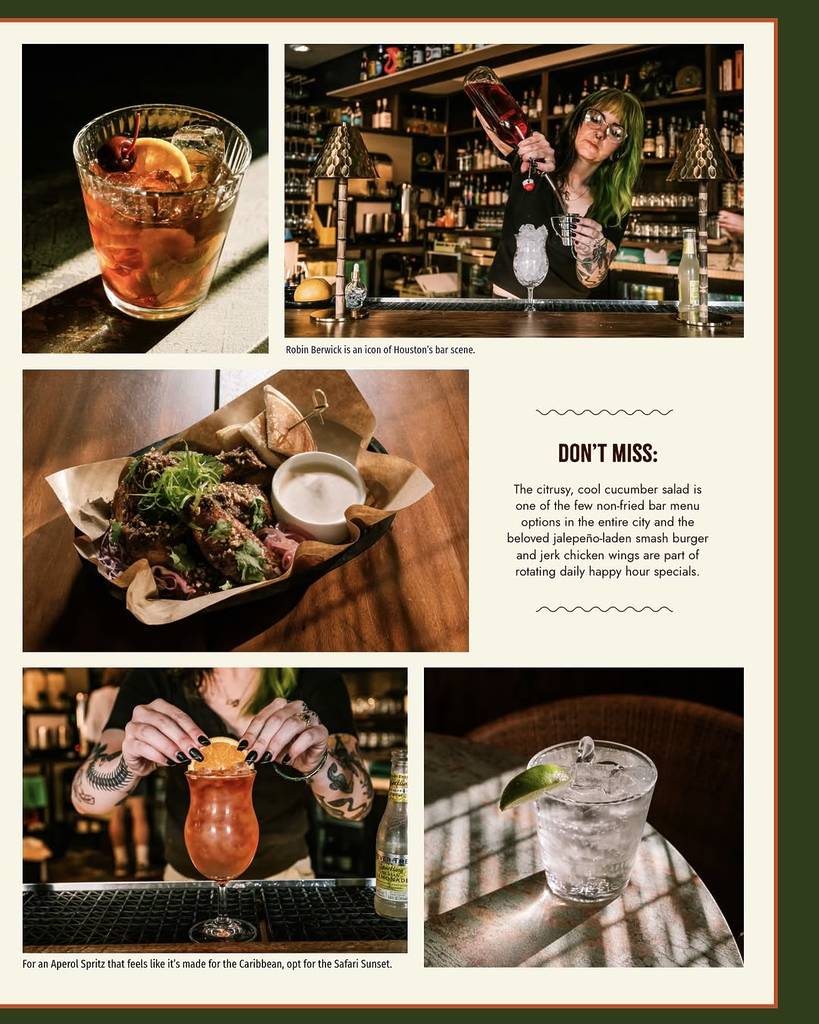 Image shows a collage of food and drinks offered at Berwick's Bird of Paradise bar in Houston as featured by PUNCH.