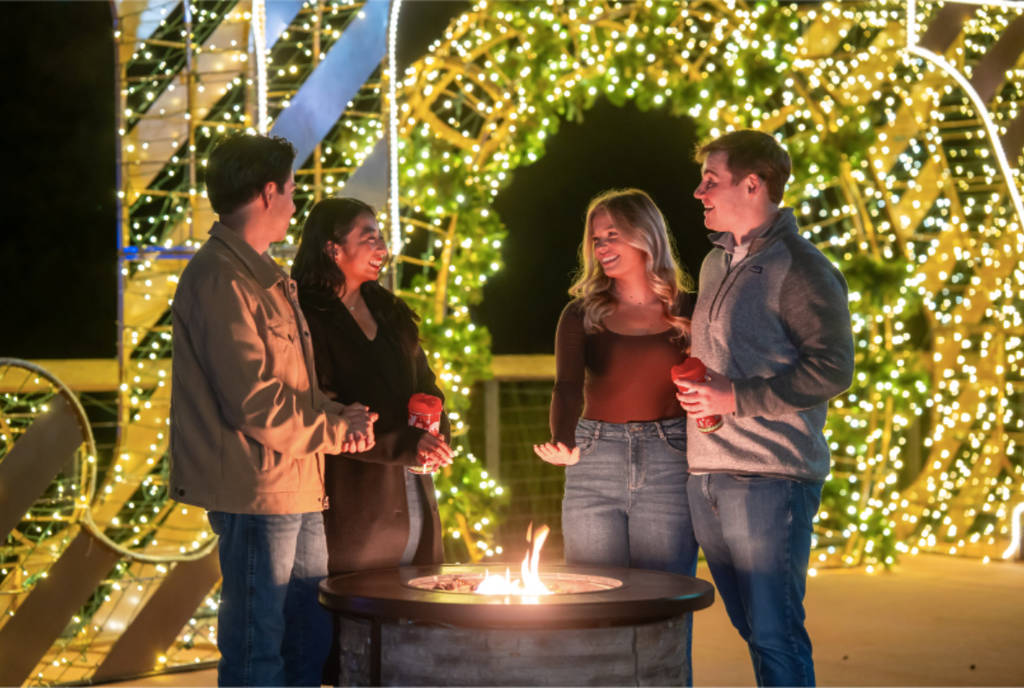 Image shows a group of adults around a fire pit at Houston Zoo's adults-only Zoo Lights experience: Sip & Sparkle.