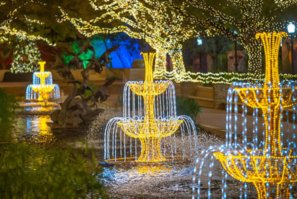 Image shows the glowing fountains at the Houston Zoo as a part of its Zoo Lights holiday experience.