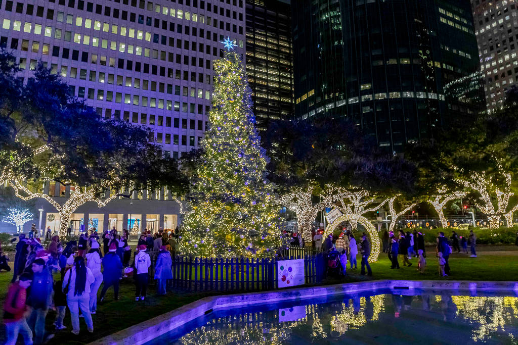 Image shows holiday light installations at City Hall in Houston.