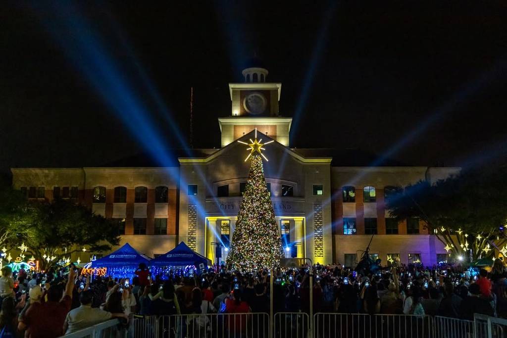 Image shows the Sugar Land Christmas tree during the official lighting ceremony.