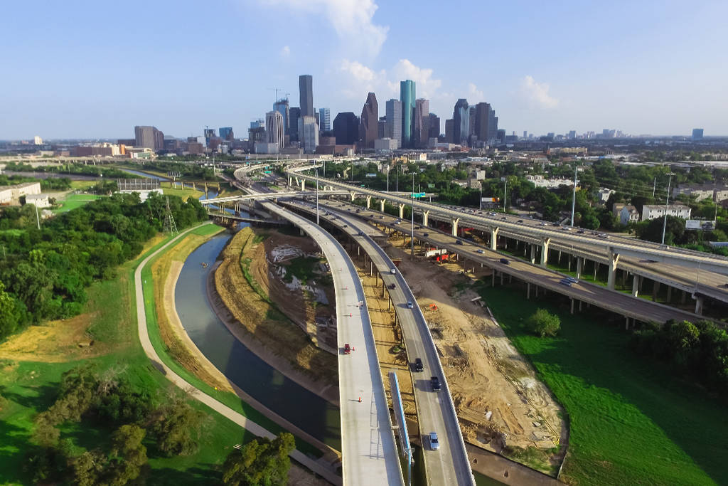 Image shows streets leading into the downtown area of Houston.