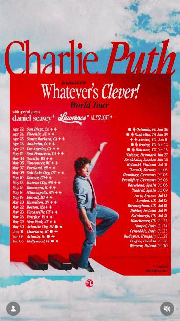 Graphic shows the dates and locations of Charlie Puth's 'Whatever's Clever World Tour'.