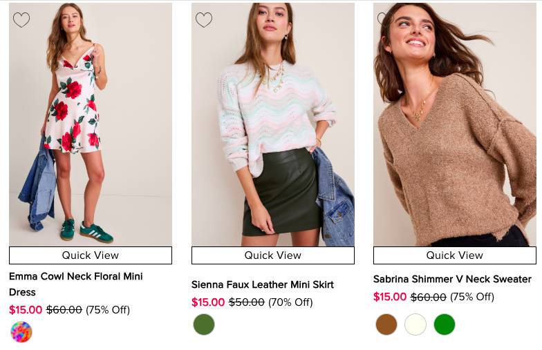 Image shows various clothing items available for Francesca's warehouse sale.