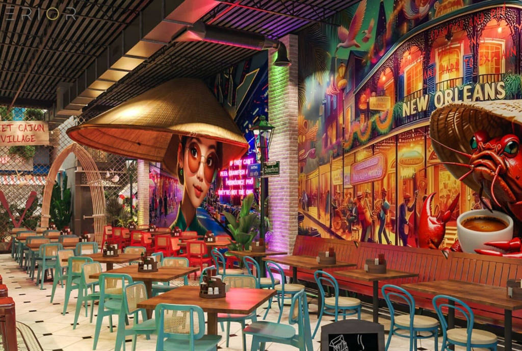 Rendering shows the interior of the Crawfish Cafe and Pho Prime dual restaurant featuring a dining area and murals.