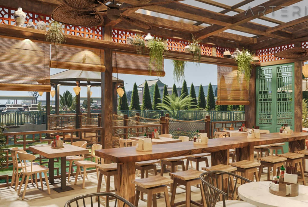 Image shows the outdoor patio at the Crawfish Cafe and Pho Prime dual restaurant.