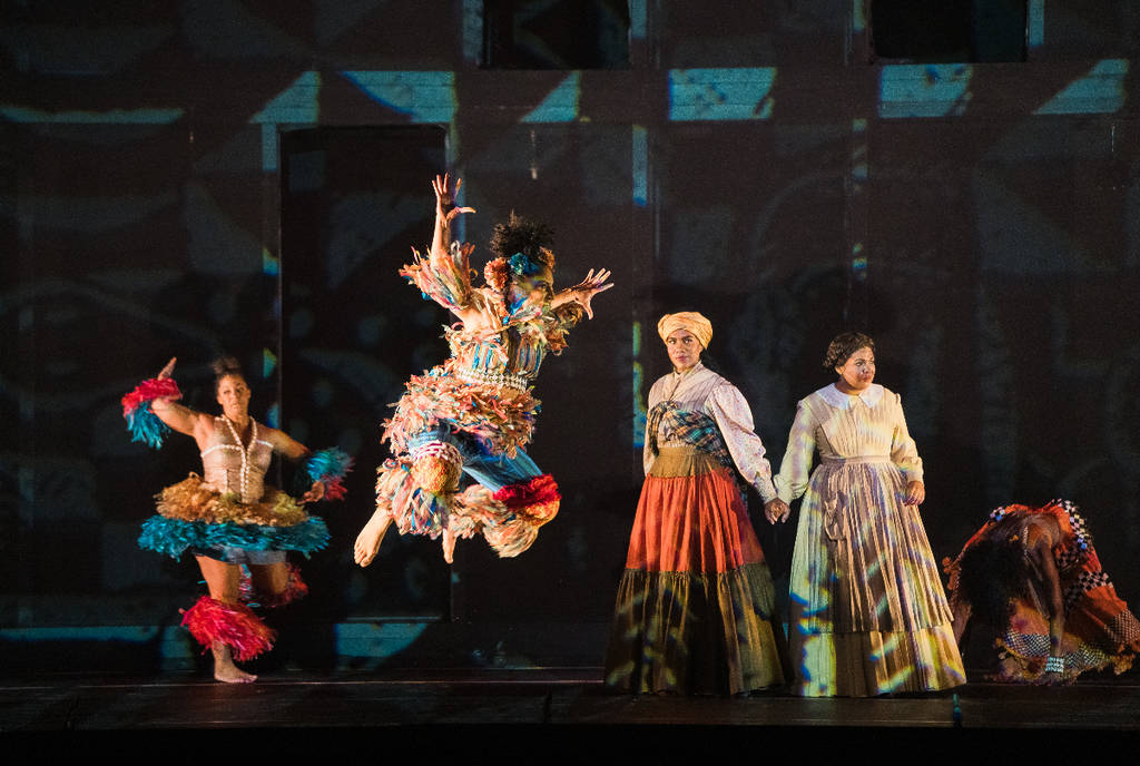 Image shows Janai Brugger, J'Nai Bridges and Urban Bush Women dancers in the Houston Grand Orchestra production of "Intelligence".
