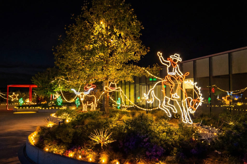 Image shows a light installation shaped like a bullride and bull at POST Skylawn.