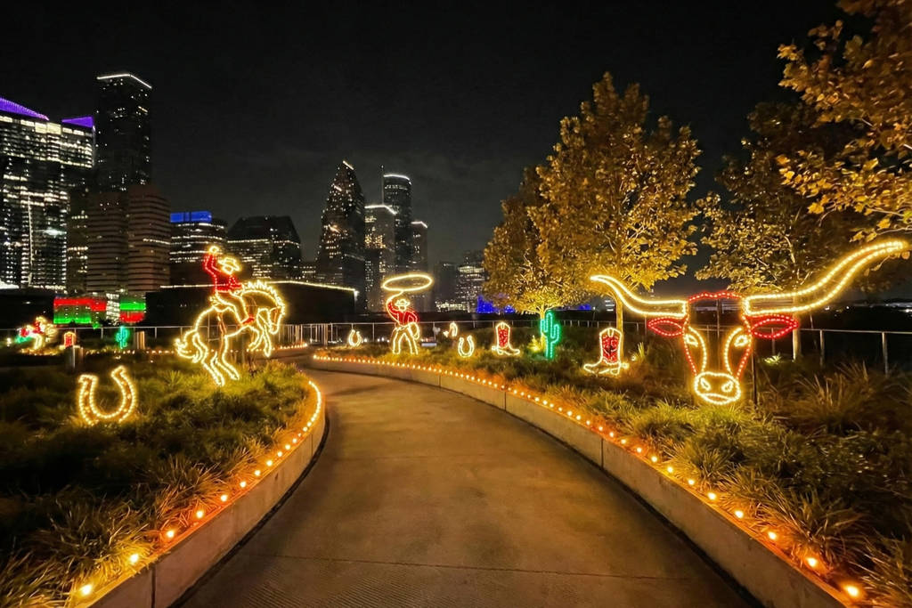Image shows POST Skylawn lit up for Rooftop Rodeo Kickoff.