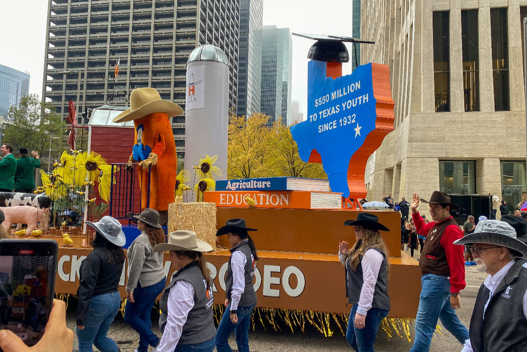 Image shows a float at the Downtown Houston Rodeo Parade.