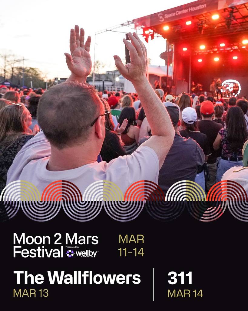 Image shows the concert information at Moon 2 Mars in Houston with people in the crowd of a stage.