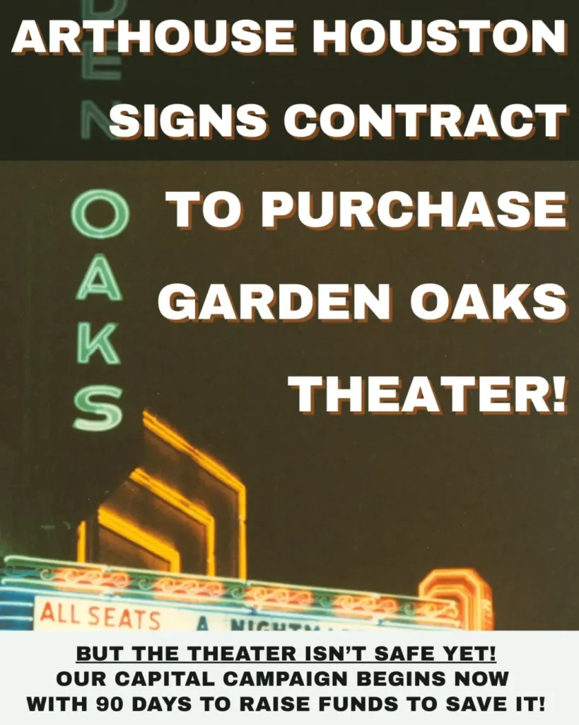 Graphic shows information regarding Arthouse Houston's making bid to halt demolition of Garden Oaks Theater.