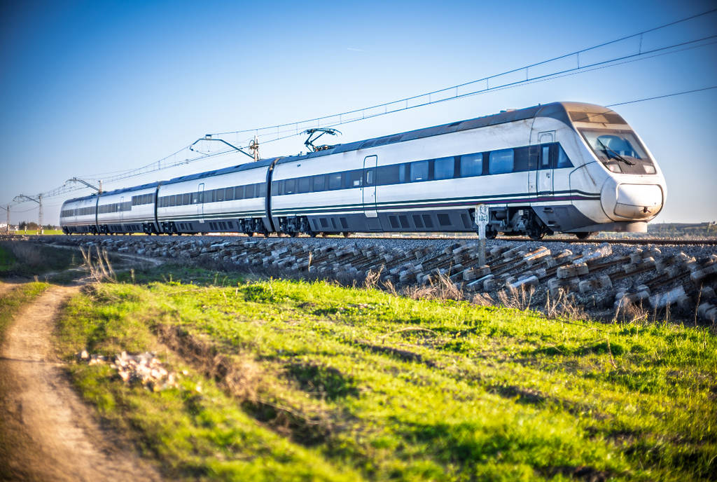 Image shows an Amtrak train in motion.