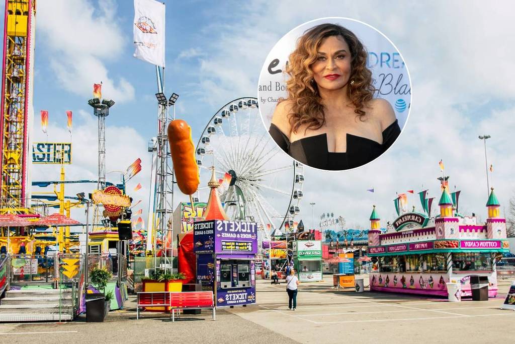 Image shows a picture of the Houston Rodeo fairgrounds with a superimposed image of Tina Knowles.