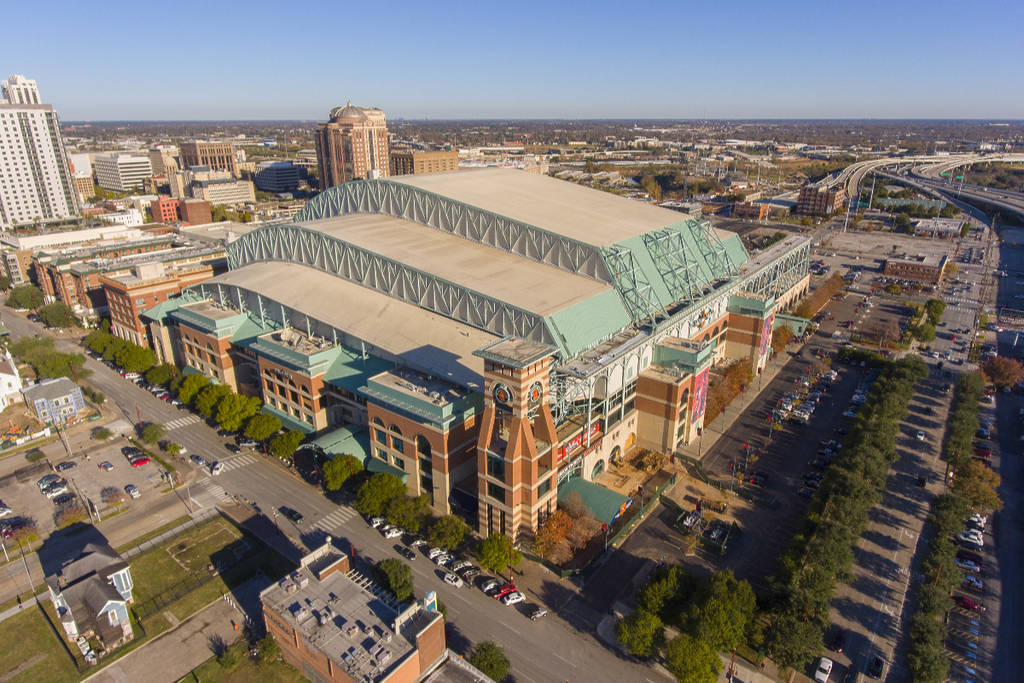 Image shows Daikin Park from overhead with a closed roof.