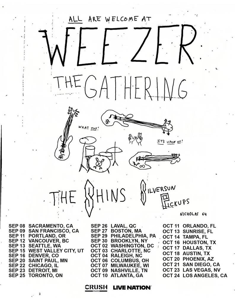 El cartel de la gira de Weezer muestra información sobre la gira «Weezer: The Gathering» con The Shins y Silversun Pickups.