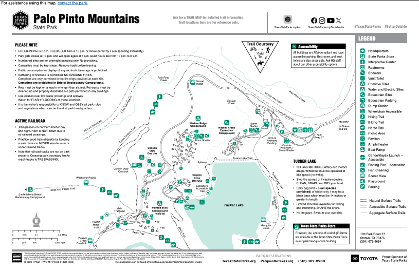 La imagen muestra el mapa de senderos del Parque Estatal de las Montañas Palo Pinto.