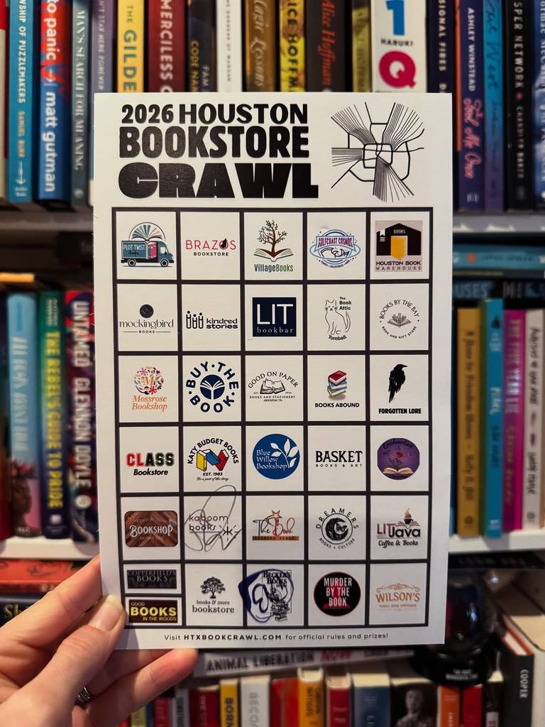 Image shows the 2026 Houston Bookstore Crawl bingo card.