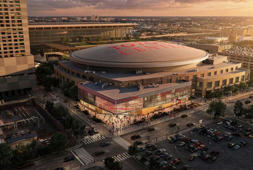 Rendering shows an overhead shot of the Toyota Center with a preview of the glass atrium.