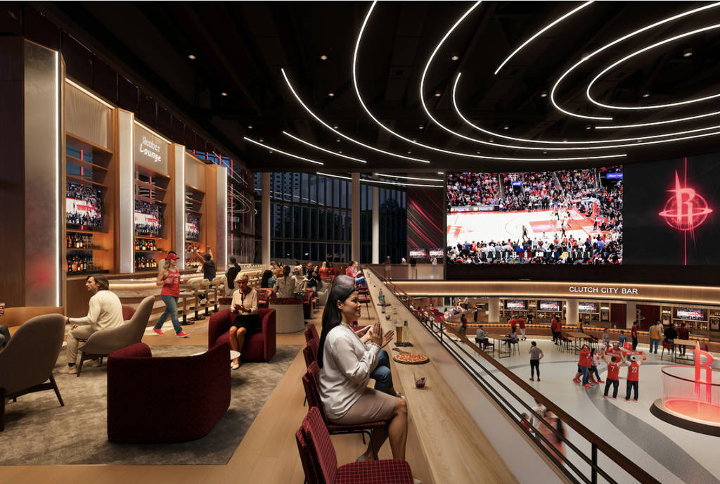 Rendering shows a lounge area as part of the Toyota Center Reimagined project.