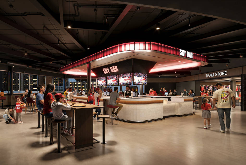 Rendering shows preview of the Sky Bar area at Toyota Center in Houston.