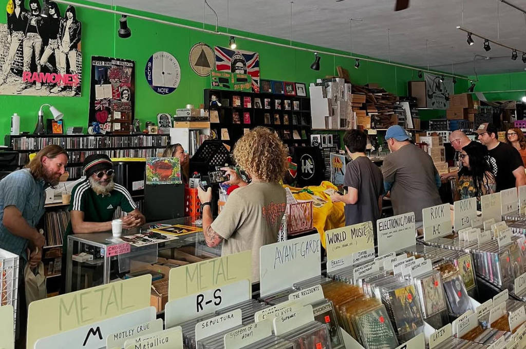 Image shows patrons browsing Vinal Edge Records in Houston.