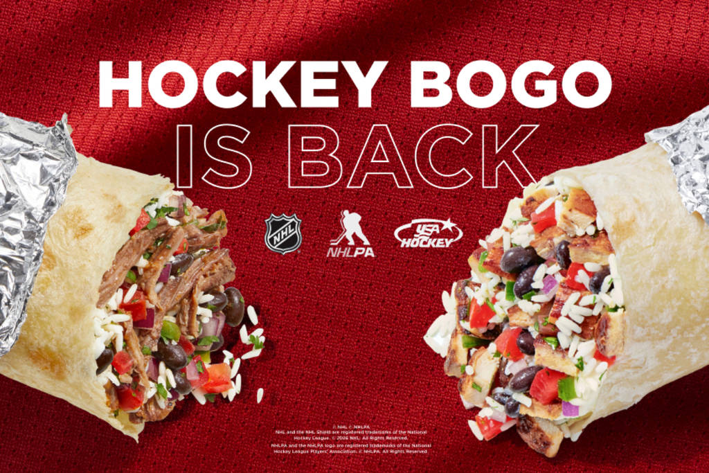 La imagen muestra material promocional de la promoción «2 por 1» de camisetas de hockey de Chipotle.