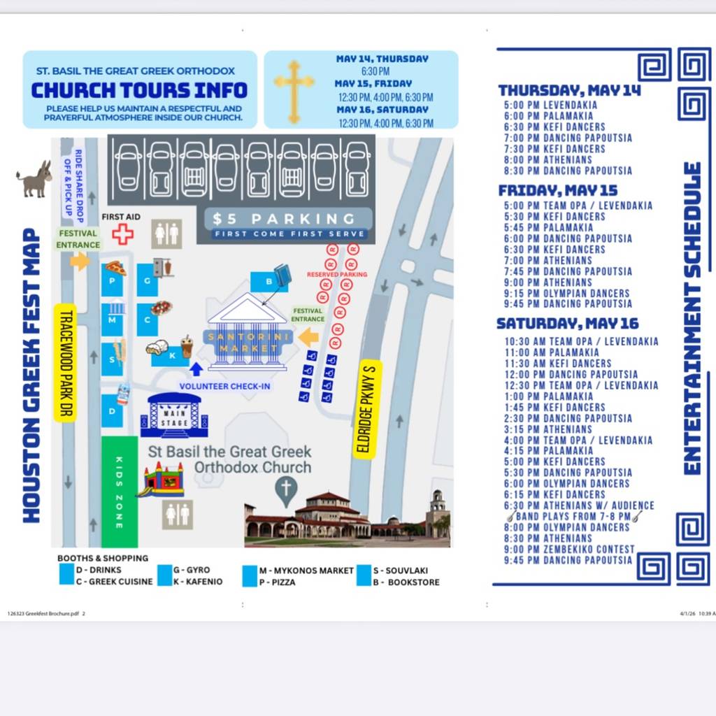 Image shows the brochure for the 2026 Houston Greek Fest including details about food, performances, and parking. 