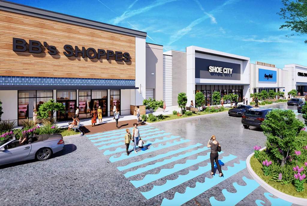 Rendering shows projected look of San Jacinto Marketplace in Houston featuring the market storefront. 