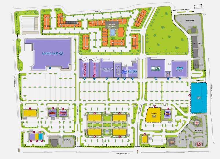 Graphic shows the retail layout of San Jacinto Marketplace in Houston. 