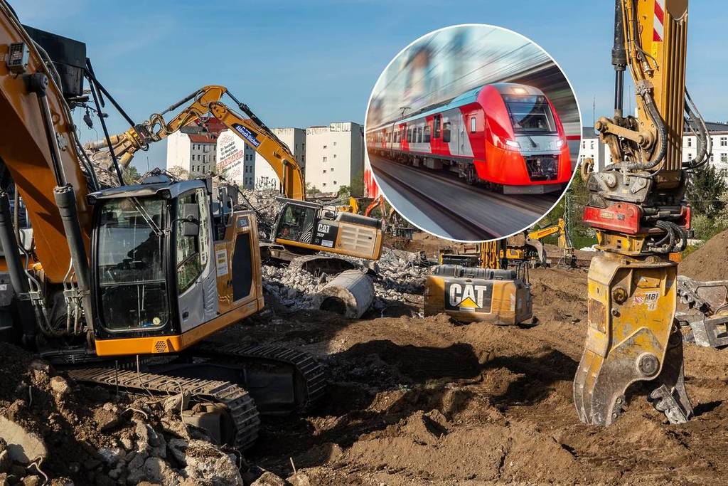 Image shows bulldozers demolishing a property with a superimposed images of a high-speed train pasted in frame.