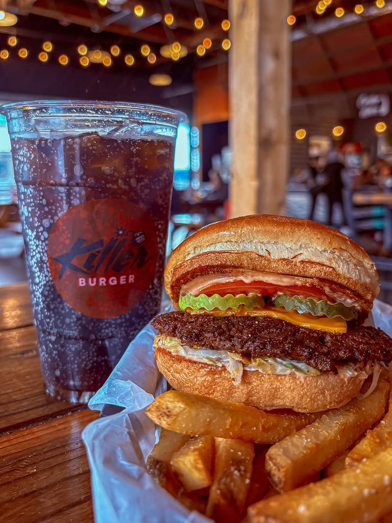 Image shows a burger, drink, and fries as served at Killer Burger.
