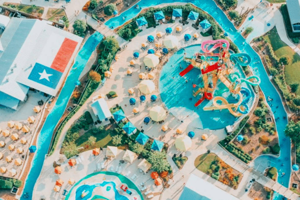 Image shows an overhead shot of Typhoon Texas waterpark in Houston.