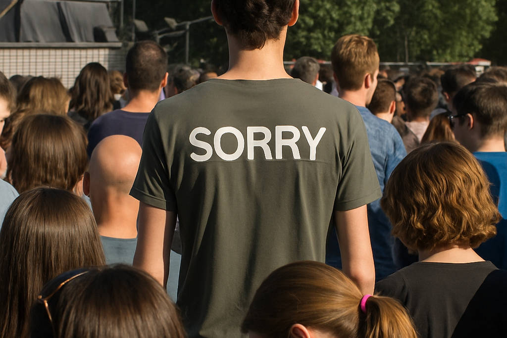 Image shows a tall person standing in a crowd with 