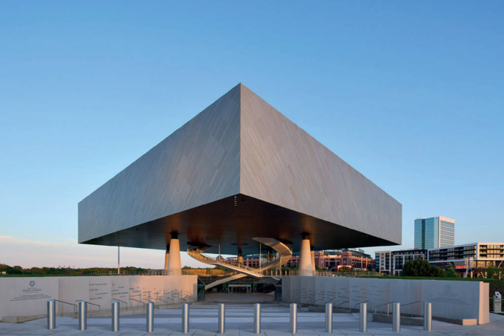 Image shows the exterior of the National Medal of Honor Museum in North Texas.