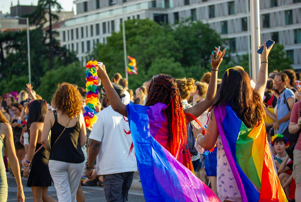 Image shows people celebrating at a Pride festival.