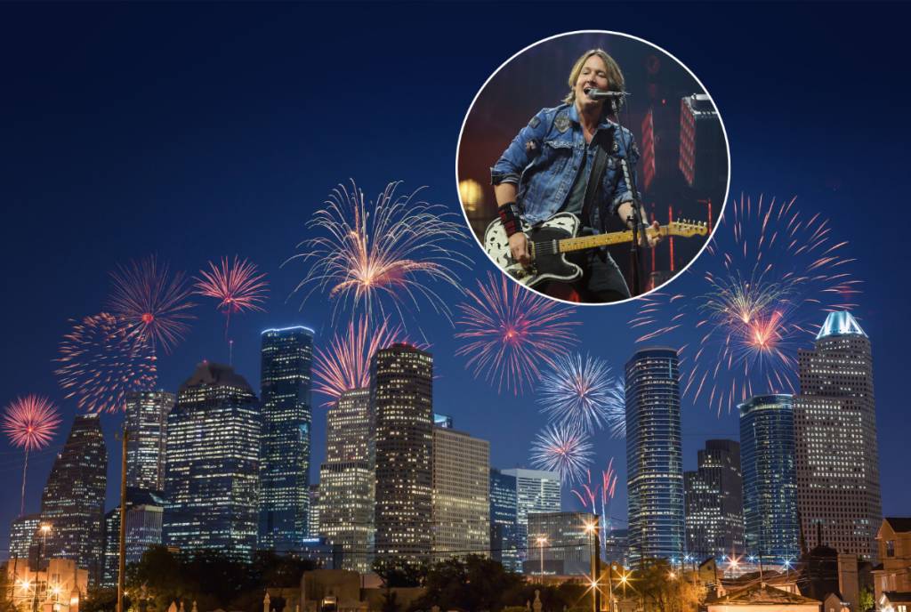 Image shows fireworks over the Houston skyline with a superimposed image of Keith Urban in the corner.
