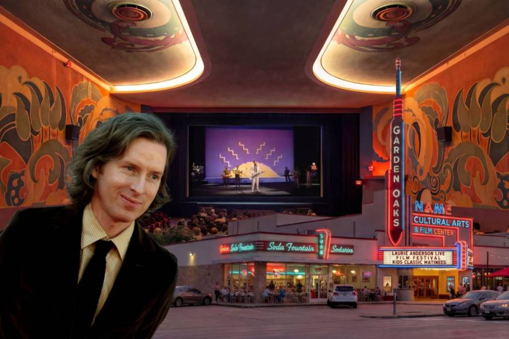 La imagen muestra el interior del Garden Oaks Theater con imágenes superpuestas de Wes Anderson y el exterior del teatro.