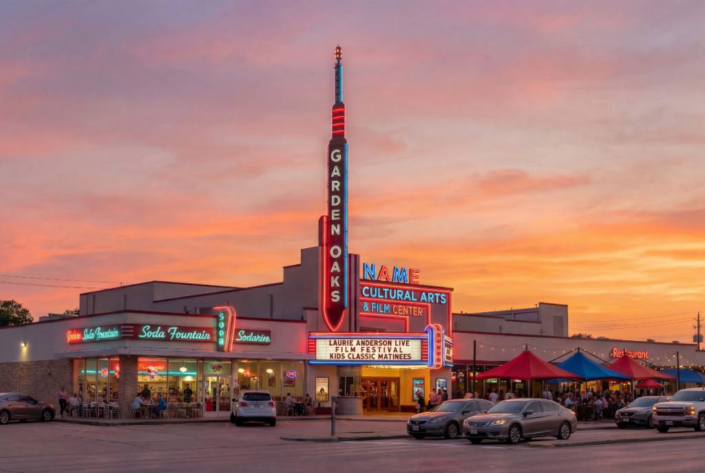 La imagen muestra el exterior del Garden Oaks Theater en Houston. 